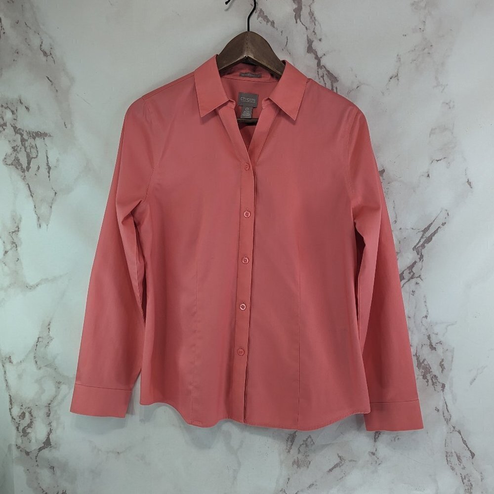 Chicos Shirt Womens 0 Small Pink Button Up Non Iron Wrinkle Free Salmon Light